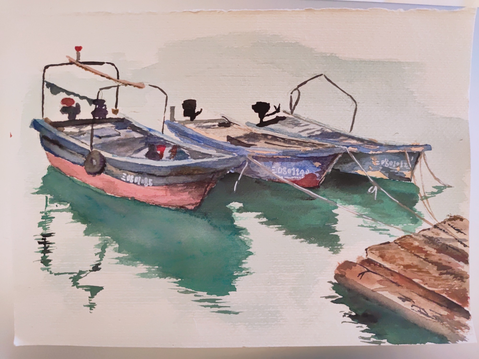 Siqi's watercolor painting of some boats in the harbor